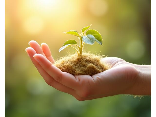 A serene hand holding naturally dyed organic cotton fibers, symbolizing growth and connection.