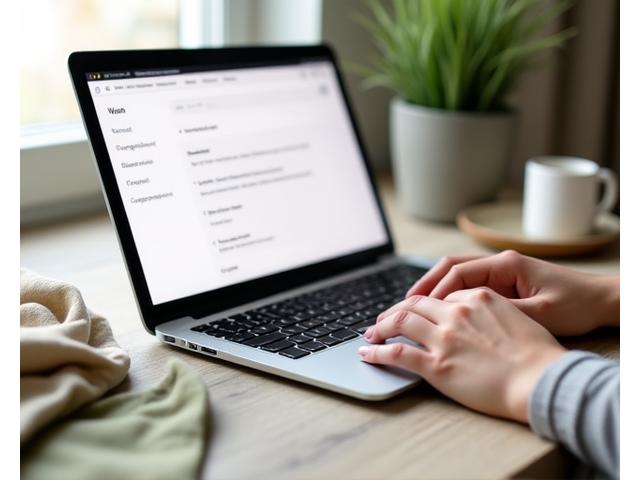Hands typing on a laptop with a form on the screen, showing ethical textile samples nearby