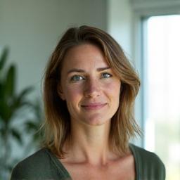 Portrait of Jennifer Walsh, a calm woman with a subtle digital interface element