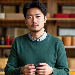 Portrait of Marcus Chen, a thoughtful man surrounded by natural textile samples