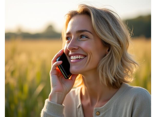 Woman talking on a phone with an ear of wheat in the background, symbolizing natural connection