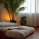 A cozy, device-free bedroom scene with a book and a plant, promoting relaxation and disconnection