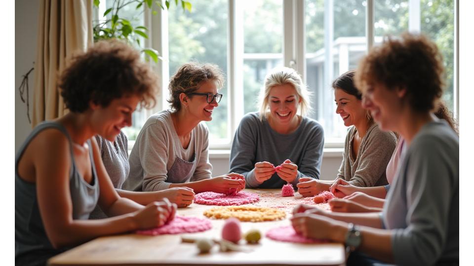 A diverse group of adults participating in a mindful workshop, possibly weaving or crafting, fostering offline connection and support