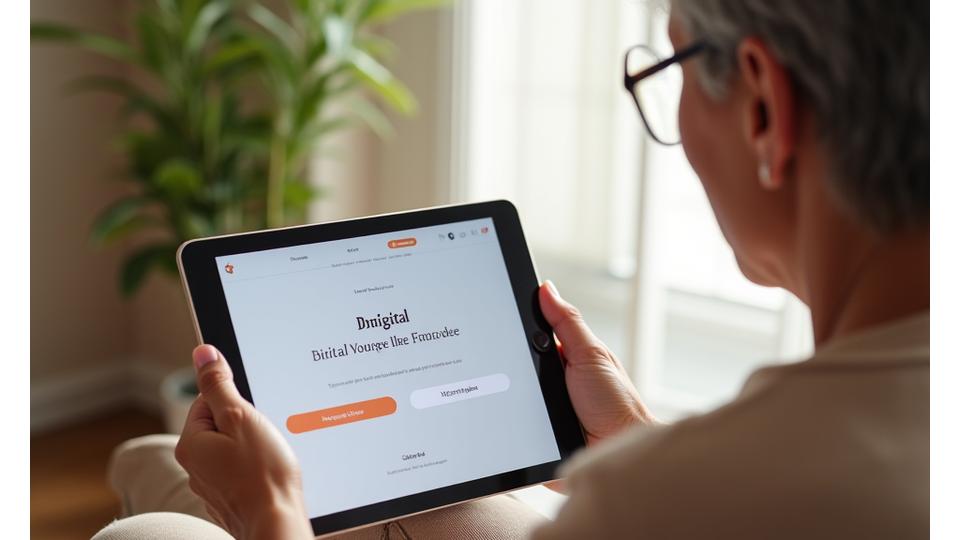 A person filling out a digital wellness questionnaire on a tablet, surrounded by natural light and a subtle textile pattern