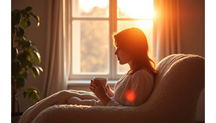 A serene woman enjoying a cup of tea by a window, with a soft throw blanket, avoiding her phone, representing a mindful morning routine