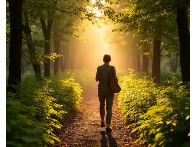 A person walking through a peaceful forest trail, bathed in soft sunlight, connecting with nature