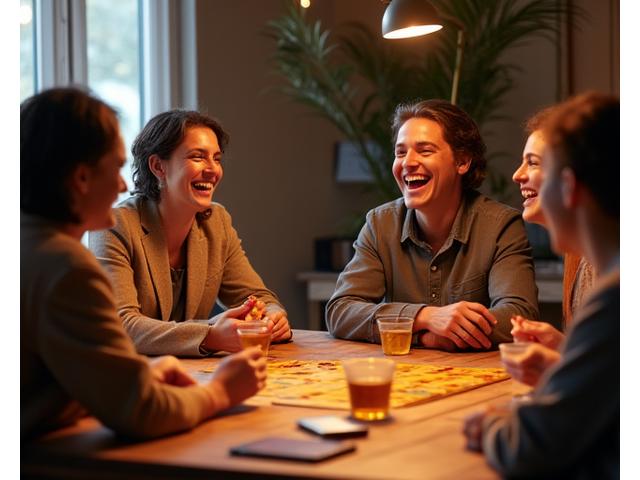 Friends laughing and playing a board game around a rustic table, enjoying screen-free social interaction
