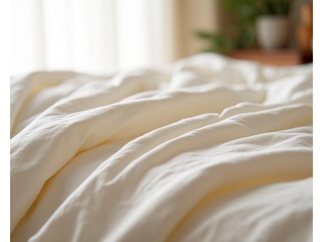 Soft, inviting organic cotton bedding in a neutral color, draped over a bed with morning light filtering in.