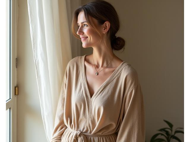 Woman comfortably wearing a versatile, naturally dyed sustainable clothing wrap, demonstrating its elegant flow and adaptability.