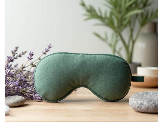 A handcrafted botanical-filled wellness eye pillow resting on a wooden surface, surrounded by calming elements like lavender and smooth stones.