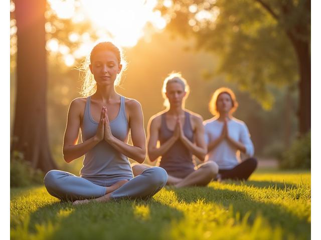 A diverse group of adults in their late 30s to early 40s engaged in a calm, outdoor wellness activity like gentle yoga or meditation, surrounded by soft natural light and subtle green hues.