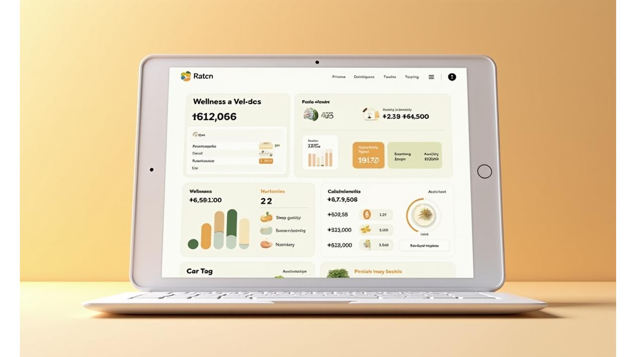 A clean, modern digital interface showing a progress bar and various wellness metrics like sleep, activity, and nutrition, suitable for a personalized health assessment, with earthy tones.