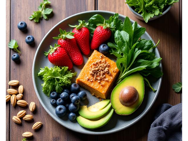 A vibrant and artfully arranged plate of colorful, fresh, anti-inflammatory foods like berries, leafy greens, nuts, and a small portion of lean protein, set against a warm, natural background.
