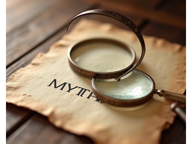 A magnifying glass hovering over the word 'MYTH', with soft, natural light, representing the debunking of common aging misconceptions.