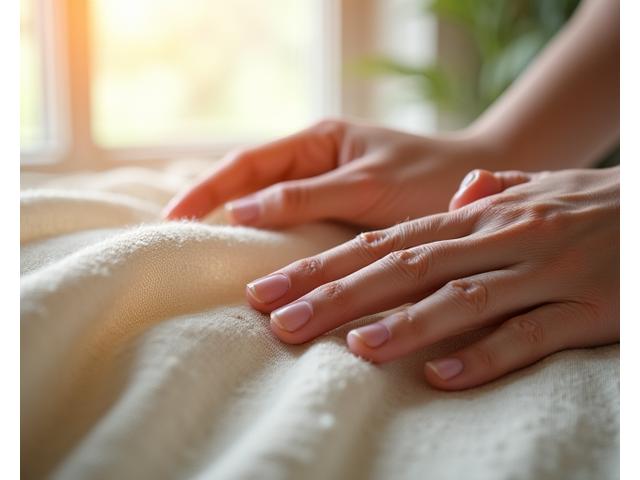 A serene shot of hands gently touching a bolt of undyed, organic linen fabric, bathed in soft, natural light, emphasizing texture and natural beauty.