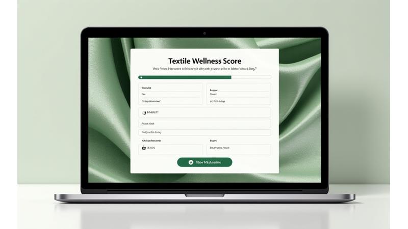Mockup of an interactive wellness questionnaire with a progress bar and textile-inspired visuals