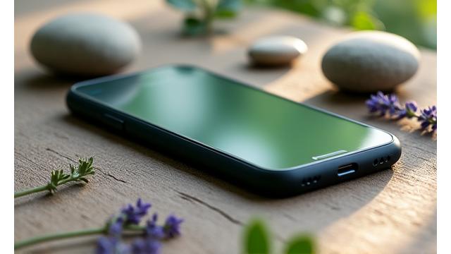 Person holding a phone with a digital detox app, surrounded by natural elements