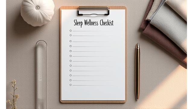 A checklist on a notepad next to organic fabric swatches