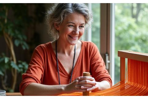 Woman happily weaving on a small loom