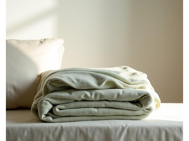 A folded natural fiber throw blanket and an organic cotton pillowcase, representing mid-range textile upgrades.