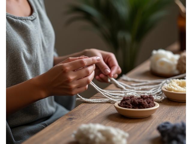 A serene person engrossed in weaving or knitting, with a blurred digital device in the background, symbolizing a digital detox.