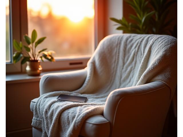 A soft, organic throw draped over a chair by a window, bathed in evening light, next to a turned-off tablet.