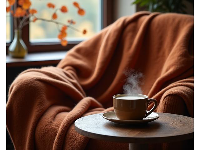 A cozy autumnal scene with a sustainable wool throw, a steaming mug, and fallen leaves, evoking warmth and comfort.