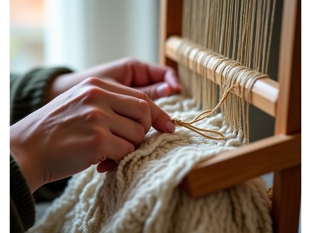 Hands weaving a simple textile on a small loom, emphasizing DIY and free wellness options.