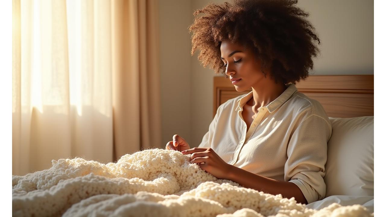 A serene woman gently touching a woven organic cotton blanket on a sunlit bed, embodying calm and comfort.
