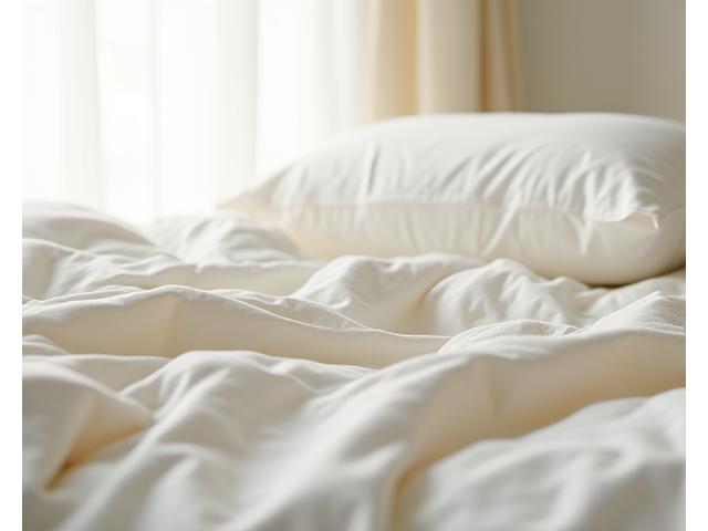 Close-up of a luxurious organic cotton pillowcase on a bed, inviting comfort.