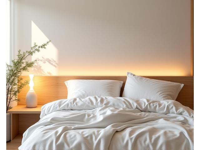 A meticulously arranged bedroom with organic bedding and ambient lighting, representing a sleep sanctuary.