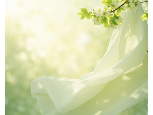 Delicate natural fiber fabrics drying in a gentle spring breeze, symbolizing freshness.