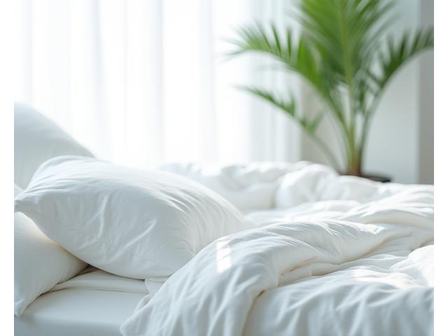 Crisp, white organic linen bedding on a bed bathed in bright summer light, suggesting coolness.