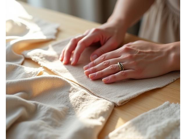 Hands gently feeling various natural fiber swatches, evoking a tactile and calming experience.