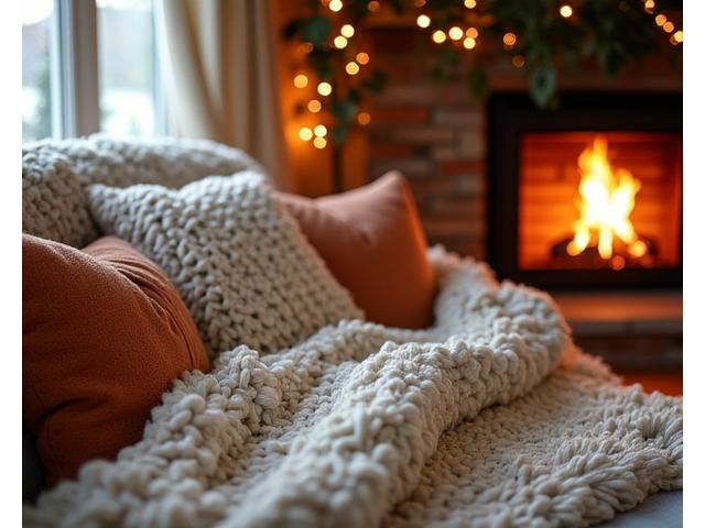 A warm and inviting 'Hygge' inspired living space with natural fiber blankets, soft lighting, and a feeling of warmth.