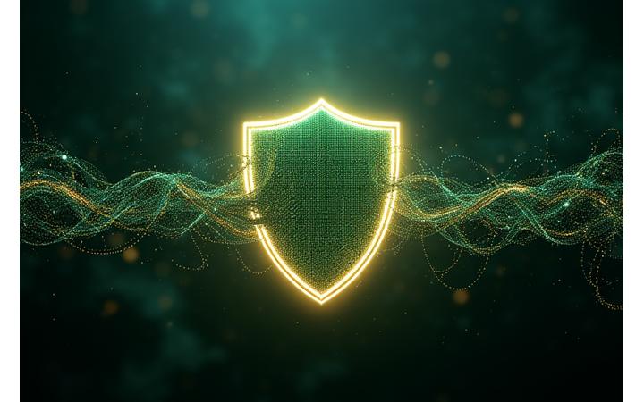 Illustration of intertwined digital threads forming a secure shield around data, representing encryption and protection.