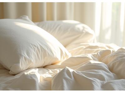 Soft, rumpled organic cotton sheets on a bed in gentle morning light.