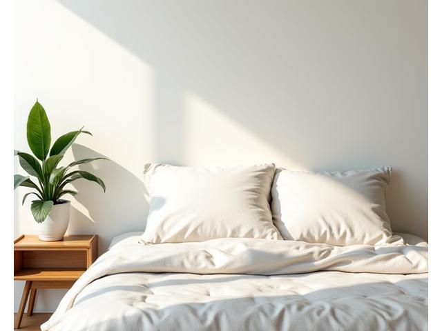 A plant near a clean bed with natural textiles, symbolizing improved air quality.