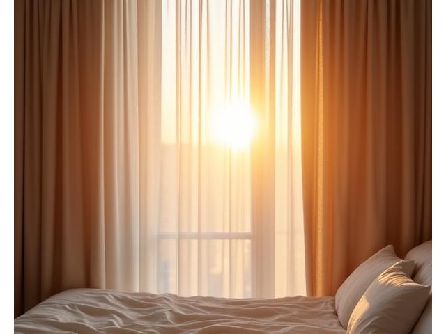 Sunlight gently filtered through organic cotton blackout curtains in a peaceful bedroom.