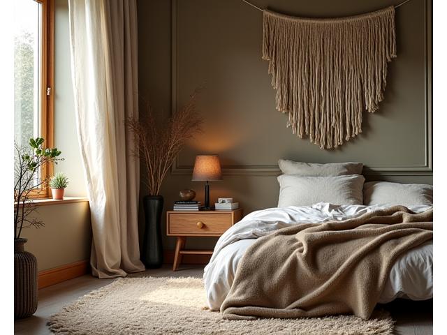 A plush, textured rug and soft textile wall hanging in a bedroom, reducing echoes.