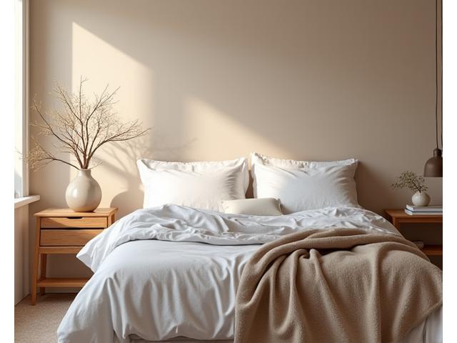 A serene bedroom with layered natural textile bedding, showing optimal temperature layering.