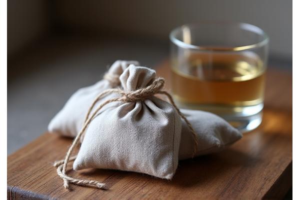 Small organic textile sachets filled with lavender, placed on a bedside table.