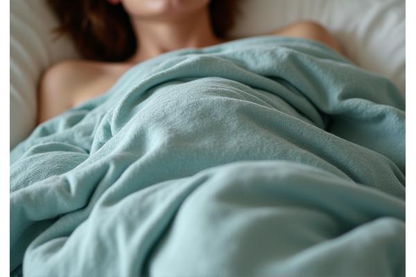 A serene individual under a weighted organic cotton blanket, looking relaxed.