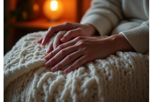 Hands gently stroking a soft, textured organic cotton blanket during an evening wind-down routine.