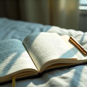 A neat sleep diary with handwritten entries on a bedside table.