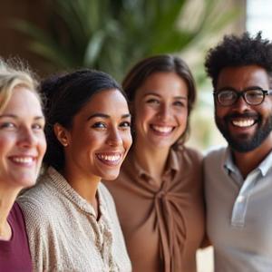 A diverse group of adults smiling, indicating successful sleep improvements.