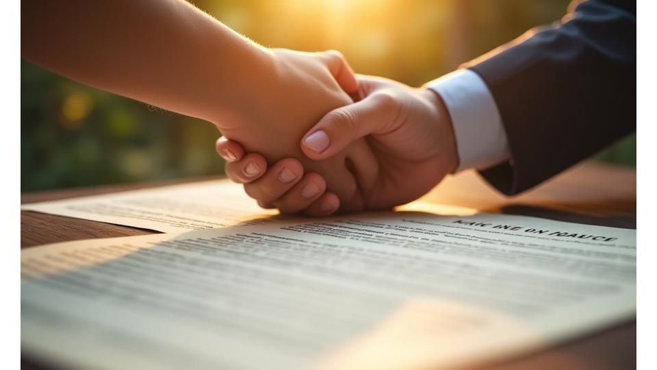 Two hands gently connecting over a stylized legal document, symbolizing mediation and agreement