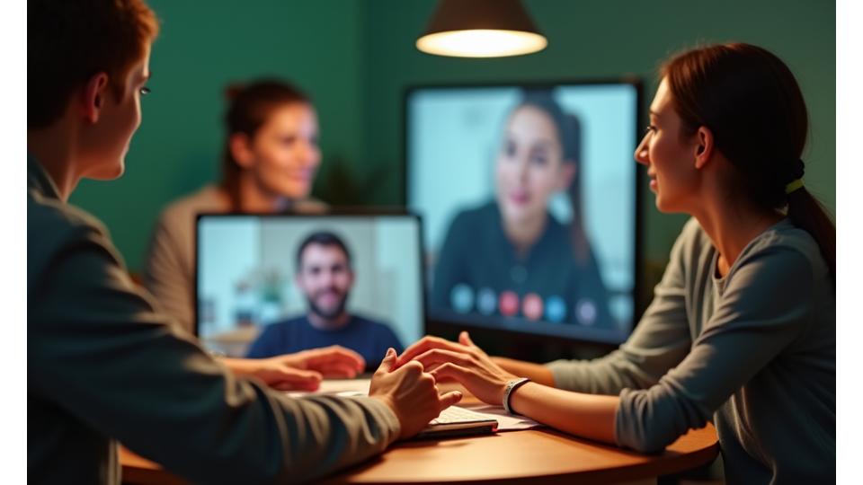 Diverse individuals engaging respectfully in an online forum, soft, warm lighting