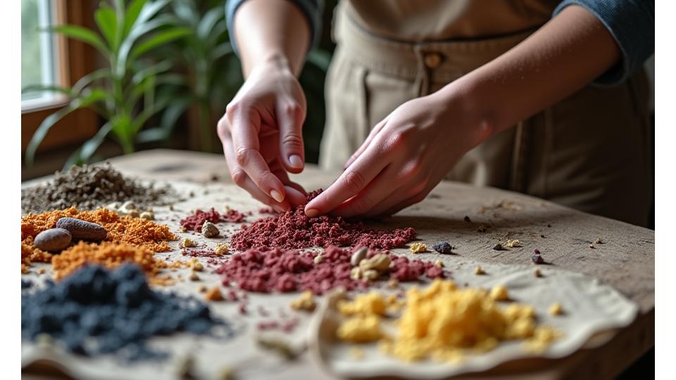 Hands arranging ethically sourced natural dyeing materials on a rustic wooden table