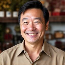 Portrait of Marcus Chen, a smiling man with a warm, engaging expression, surrounded by natural dye samples